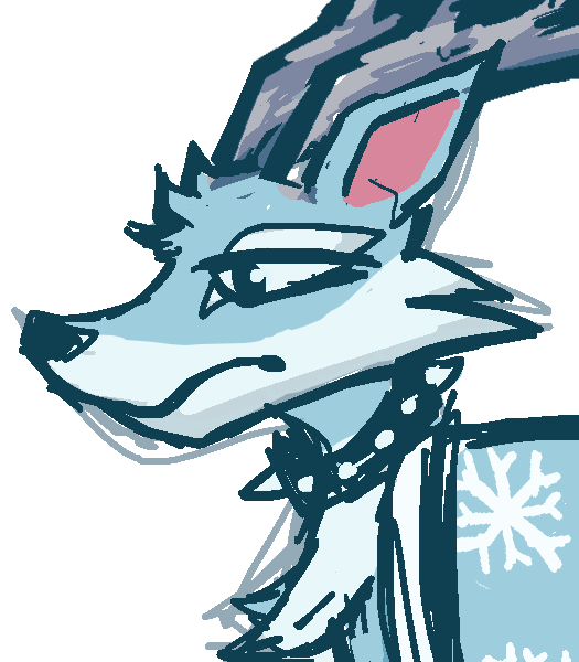 A blue fox with huge horns, a winter blanket and spiked collar