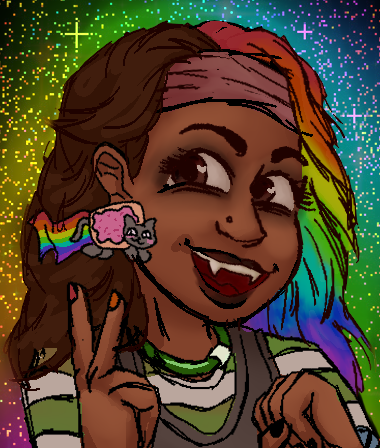 Sarah fox with rainbow hair, a nyan cat earing and striped rainbow long sleeved shirt, shes smiling at the camera in a dancing pose with millions of rainbow stars sparkling behind her.