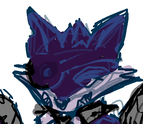 Animal jam purple fox, with wheels next to them and a glass eye, theyre giggling into their paws