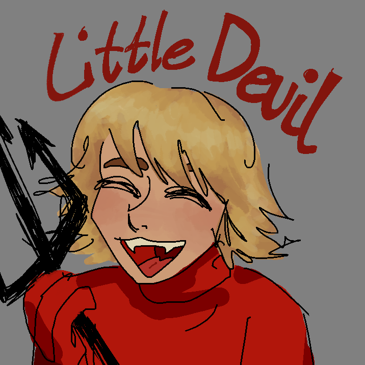 Rory in his devil costume (from school) hes smiling and the words 'lil devil' float above him