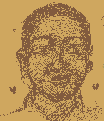 Big mike smiling with hearts doodled around him