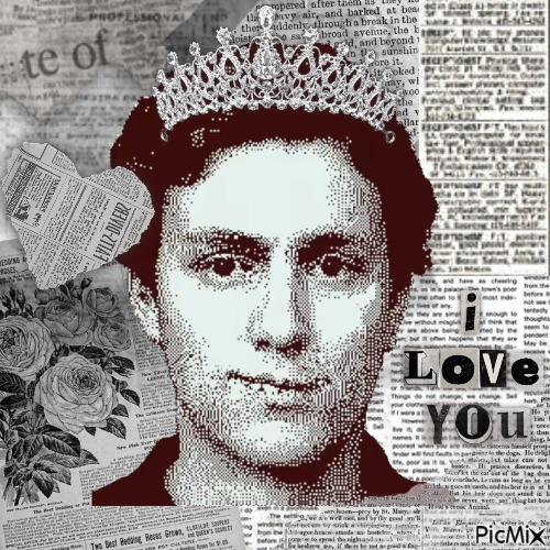 William infront of news print smiling with a tiara on it says I love you next to him.
