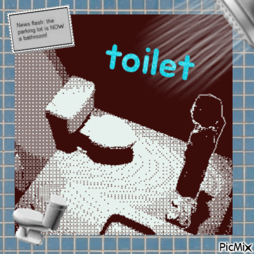 William standing infront of the toilet with bahtroom related graphics surrounding him.